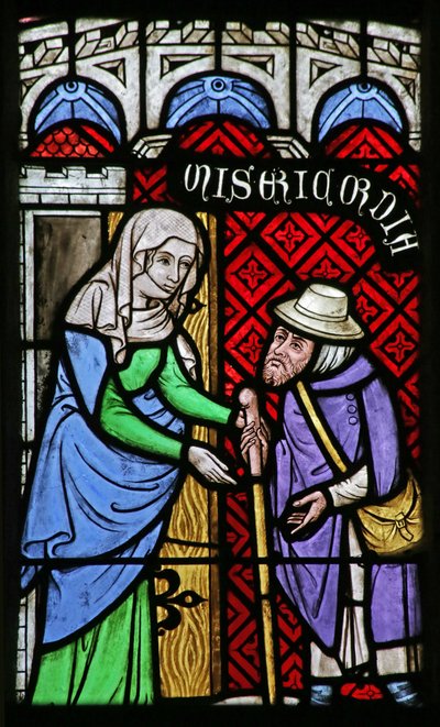 Fenster mit Darstellung der Werke der Barmherzigkeit: Den Fremden willkommen heißen von French School